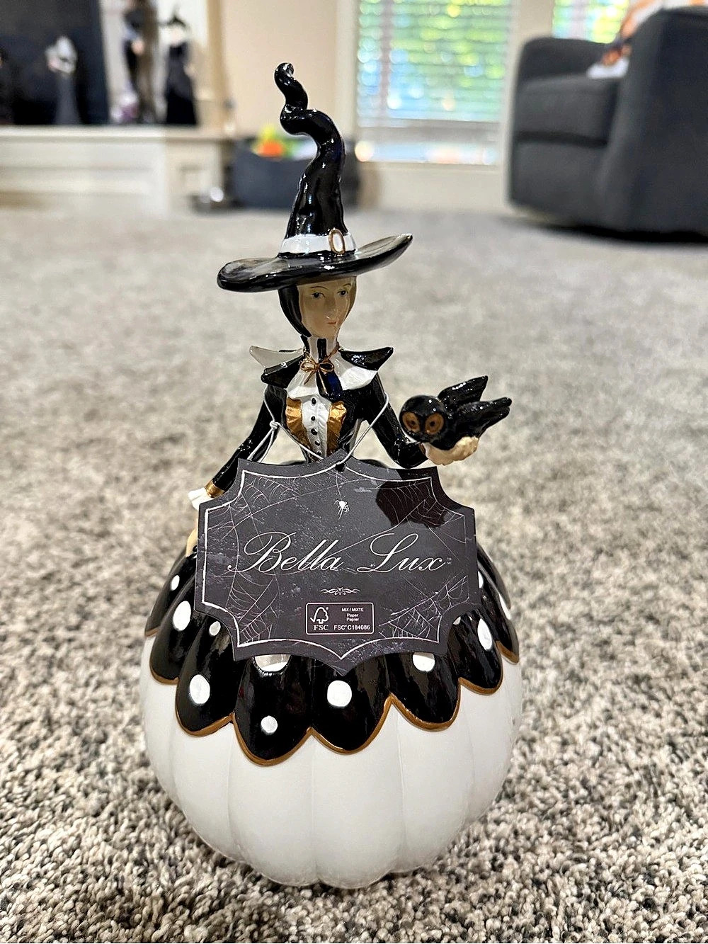 Bella Lux Halloween Witch Girl Pumpkin with Owl Figurine